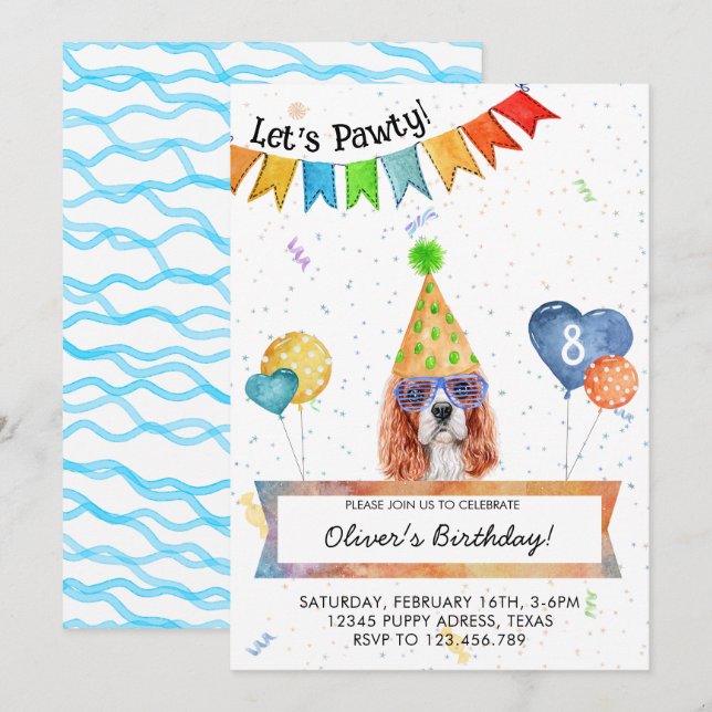 Invitation Cavalier Spaniel organise une fête d'anniversaire  (Devant / Derrière)