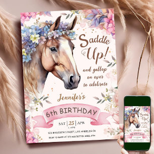 Invitation Cavalière 6e Anniversaire Fleurs Roses Saddle Up