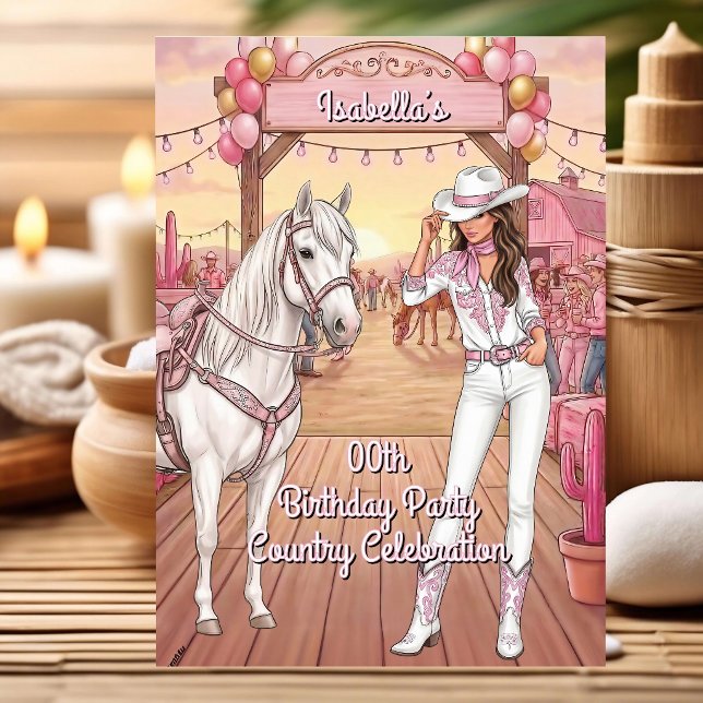 Invitation Cavalière Cheval Rose Blanc Ranch Fête d'anniversa (Créateur téléchargé)