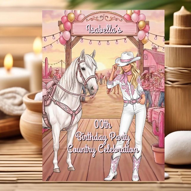 Invitation Cavalière Cheval Rose Blanc Ranch Fête d'anniversa (Créateur téléchargé)