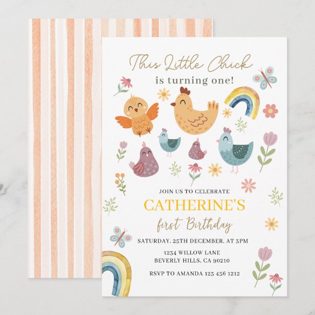 Invitation Ce poussin fête son premier anniversaire de printe (Devant / Derrière)