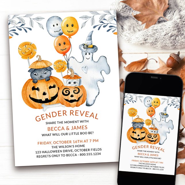 Invitation Ce qui sera peu Boo être la révélation de genre Ha (Halloween themed gender reveal with cute ghost, balloons and pumpkins)