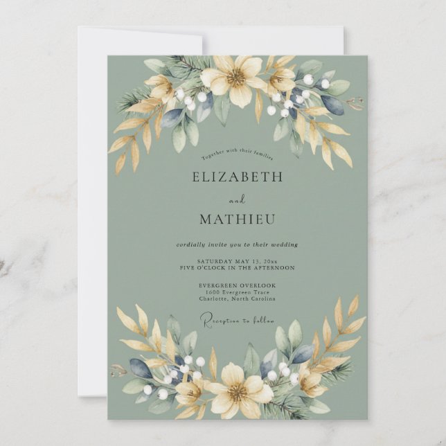 Invitation Céladon Mariage Champagne Feuillage Eucalyptus (Devant)