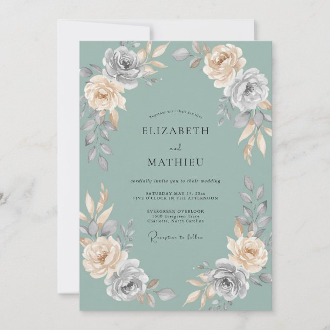 Invitation Céladon Mariage Pétale Champagne Tiède (Devant)
