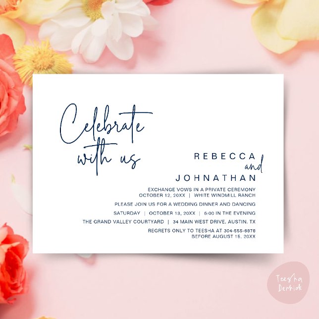Invitation Celebrate with us, Modern Boho Wedding Reception  (Celebrate with us, Modern Boho Wedding Reception Invitation Card PDF Navy Blue)