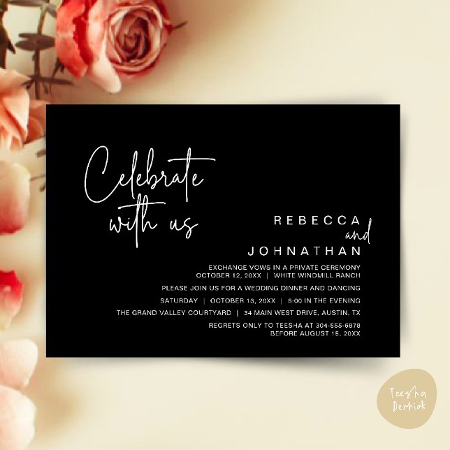 Invitation Celebrate with us, Modern Boho Wedding Reception  (Celebrate with us, Modern Boho Wedding Reception Invitation Card PDF Black White)