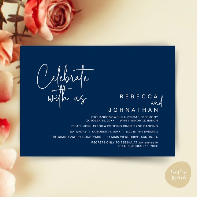 Invitation Celebrate with us, Modern Boho Wedding Reception  (Celebrate with us, Modern Boho Wedding Reception Invitation Card PDF Navy Blue)