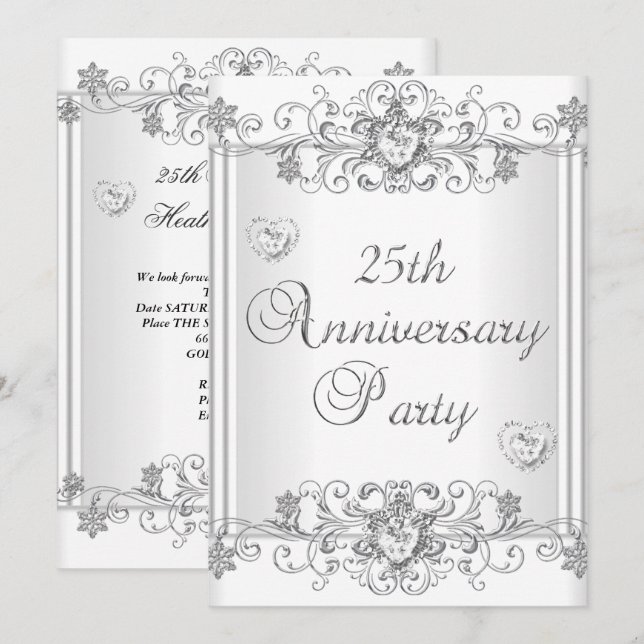 Invitation Célébration 25 ans Argent Cœur Diamant Blanc 2 (Devant / Derrière)