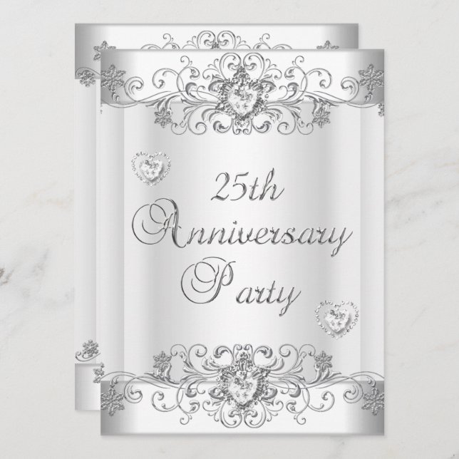Invitation Célébration 25 ans Argent Diamant Blanc Cœurs (Devant / Derrière)