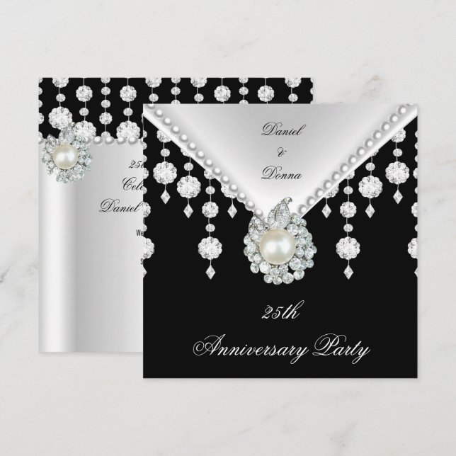 Invitation Célébration 25 ans Argent Noir Perle Blanche 2 (Devant / Derrière)