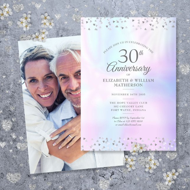 Invitation Célébration 30 ans Photo Perles Cœurs Confettis (30th Anniversary Photo Pearl Hearts Confetti Invitation)