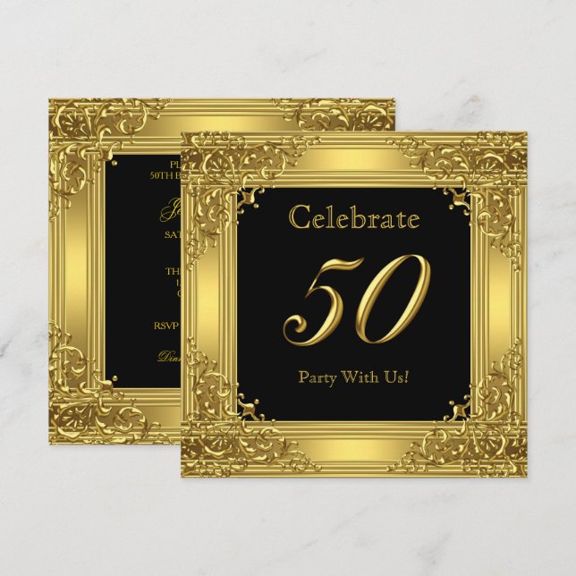 Invitation Célébration 50e Anniversaire Fête Or Doré 50 Noir (Devant / Derrière)