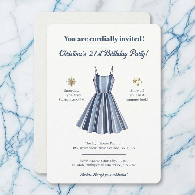 Invitation Célébration Anniversaire Rayures au Bord de Mer (Classic maritime charm for your birthday event.)