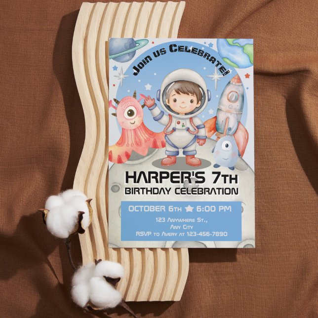 Invitation Célébration céleste : astronaute bleu clair (Stellar Space Adventures: Watercolor Kids Birthday Collection)