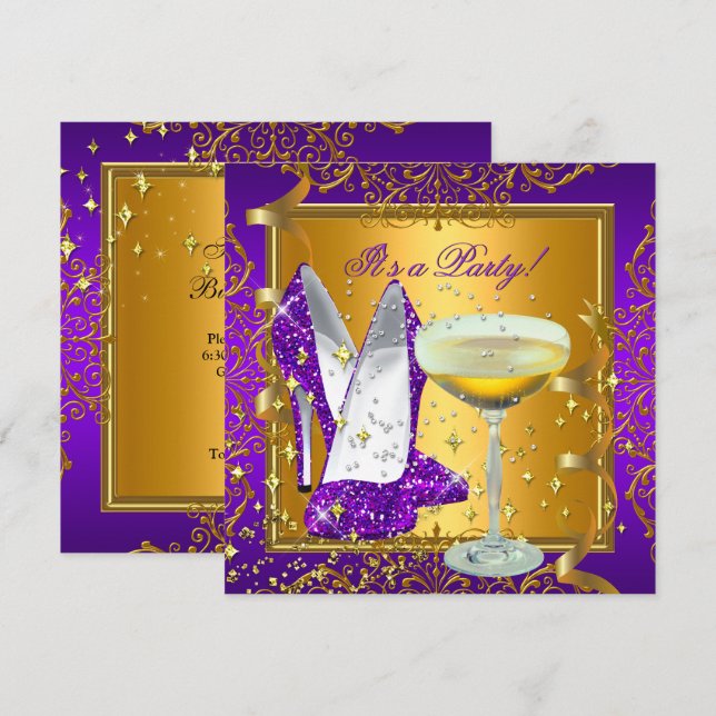 Invitation Célébration Champagne Violet Or Royal Fête (Devant / Derrière)