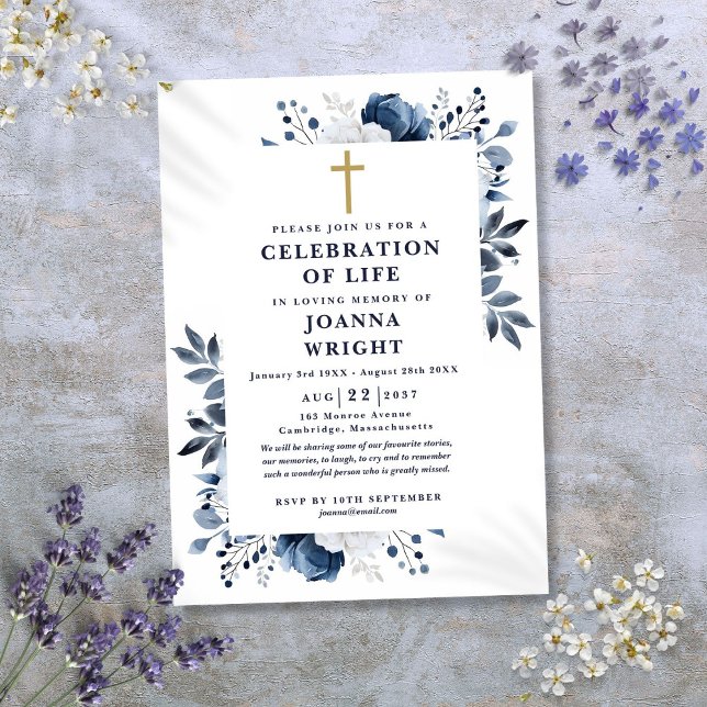 Invitation Célébration Chrétienne de la Vie Florale Bleue Fun (Blue Floral Christian Celebration Of Life Funeral Invitation)