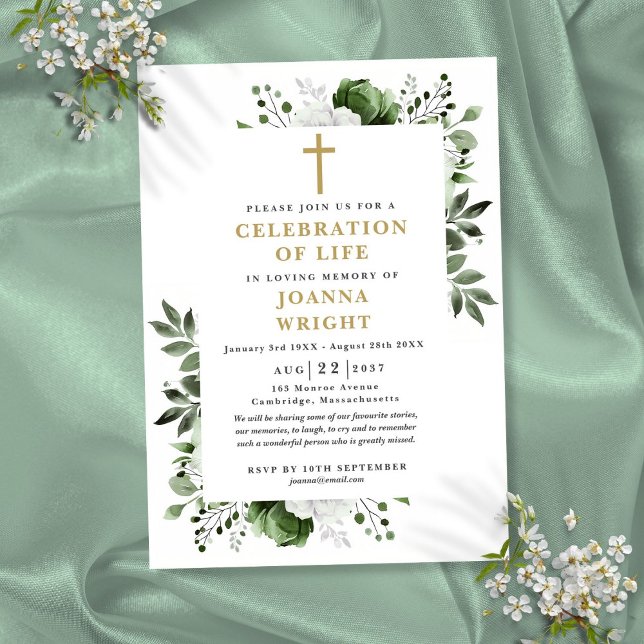 Invitation Célébration Chrétienne Florale Verte De La Vie Fun (Green Floral Christian Celebration Of Life Funeral Invitation)