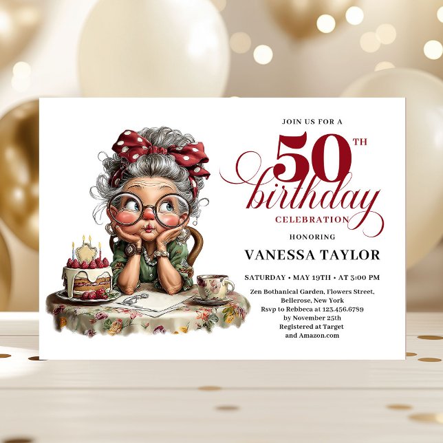 Invitation Célébration cinquantaine fantaisiste, drôle, anniv (Quirky fifty celebration invite funny birthday lady)