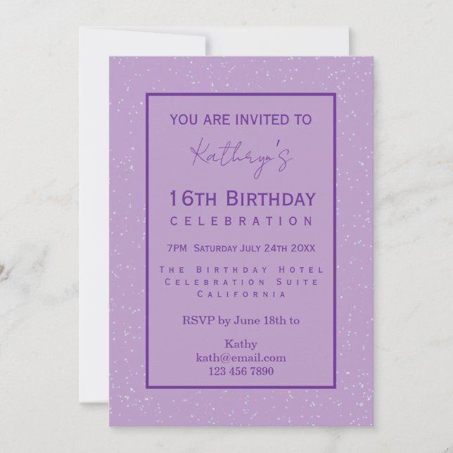 Invitation Célébration d'anniversaire 16 ans violet  (Devant)