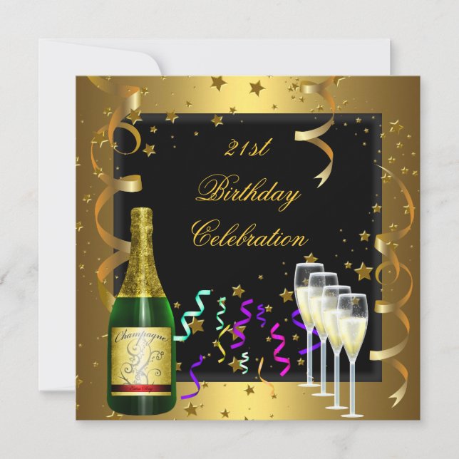 Invitation Célébration d'anniversaire 21 ans Champagne noir o (Devant)