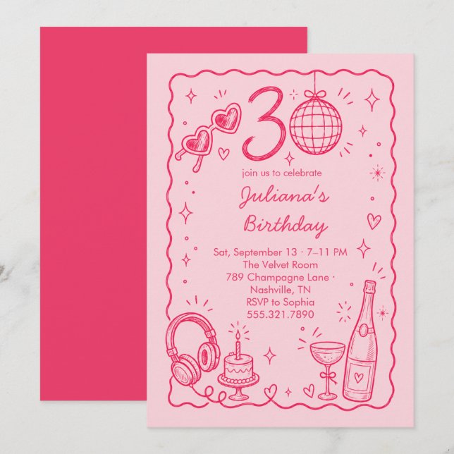 Invitation Célébration d'anniversaire 30 ans dessinée à la ma (Devant / Derrière)