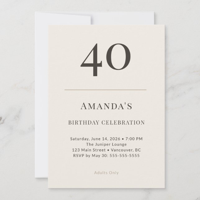 Invitation Célébration d'anniversaire 40 ans Taupe & Crème Mo (Devant)