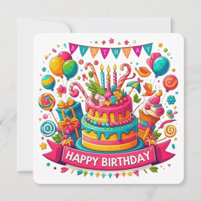 Invitation Célébration d'anniversaire avec gâteau coloré (Devant)
