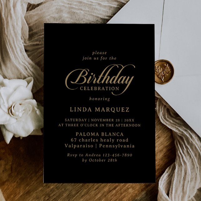 Invitation Célébration d'anniversaire classique noir et or (Créateur téléchargé)