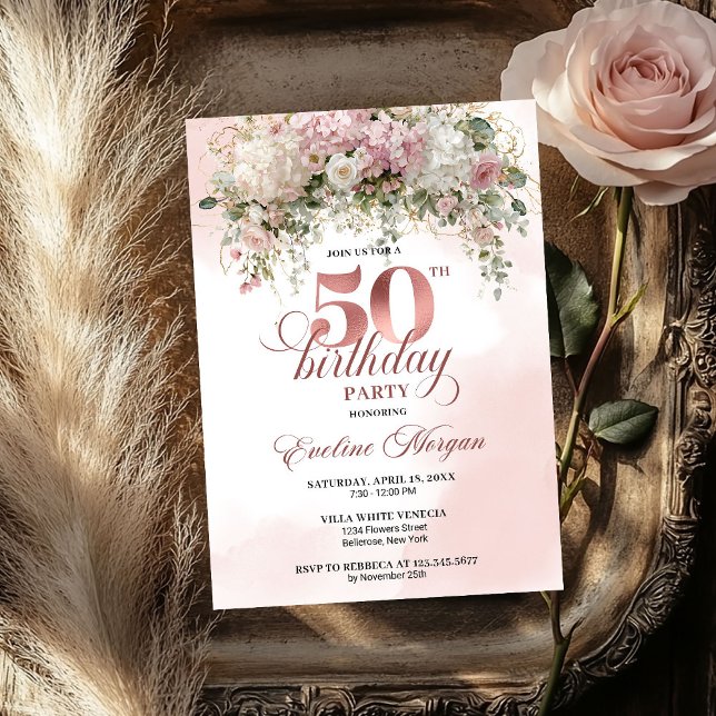Invitation Célébration d'anniversaire de 50 ans Chic Rose Gol (Chic Rose Gold Eucalyptus 50th Birthday Celebration Invitation

)