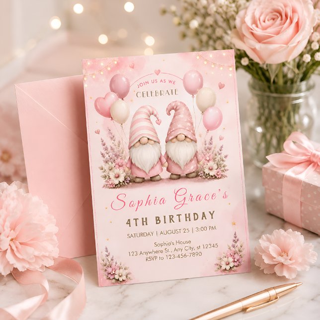 Invitation Célébration d'anniversaire de gnome rose (Créateur téléchargé)