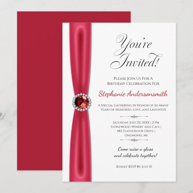 Invitation Célébration d'anniversaire de juillet - Rouge Rubi (Devant / Derrière)