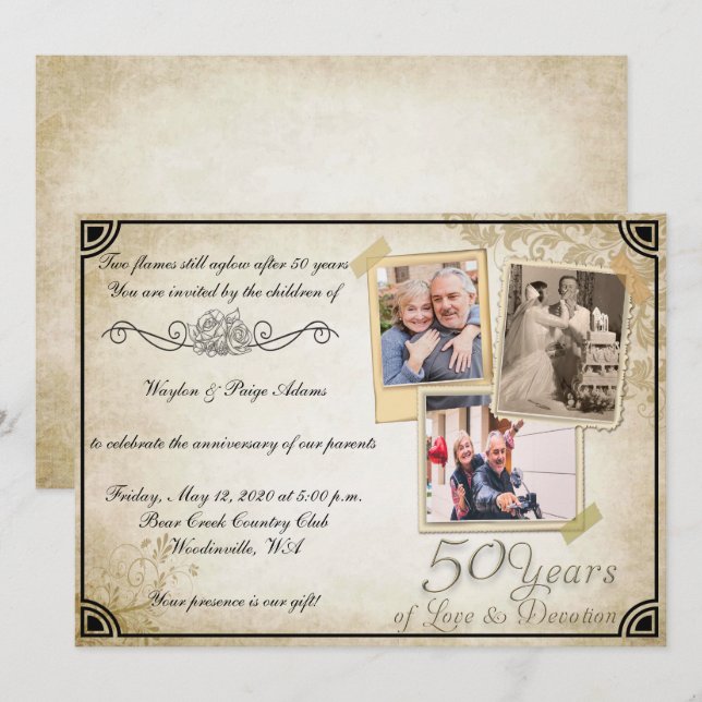 Invitation Célébration d'anniversaire de mariage vintage 50 a (Devant / Derrière)