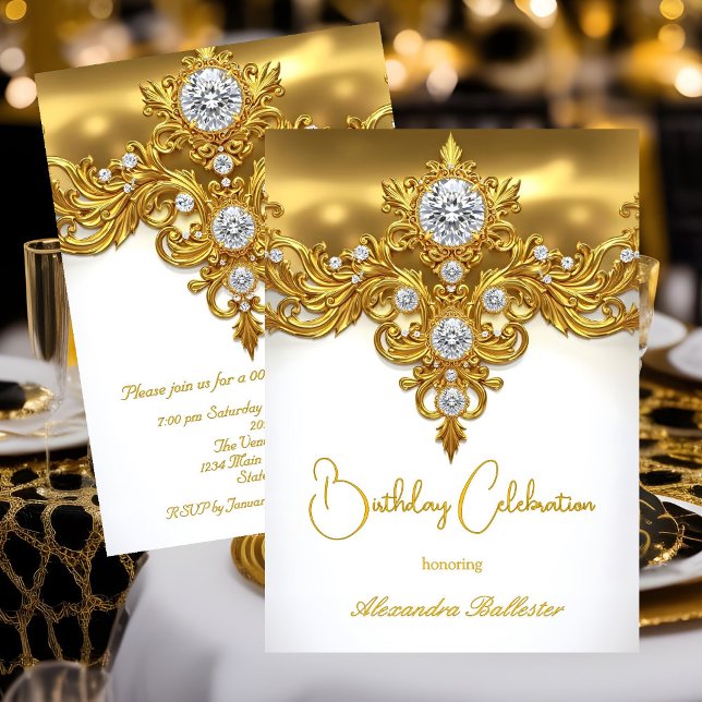 Invitation Célébration d'anniversaire élégante diamants or bl (Créateur téléchargé)