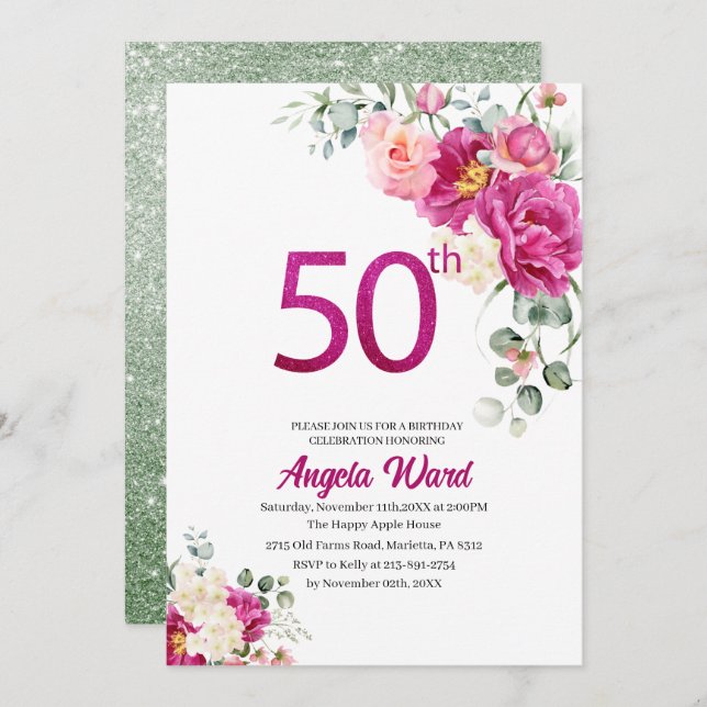 Invitation Célébration d'anniversaire élégante  paillettes fl (Devant / Derrière)