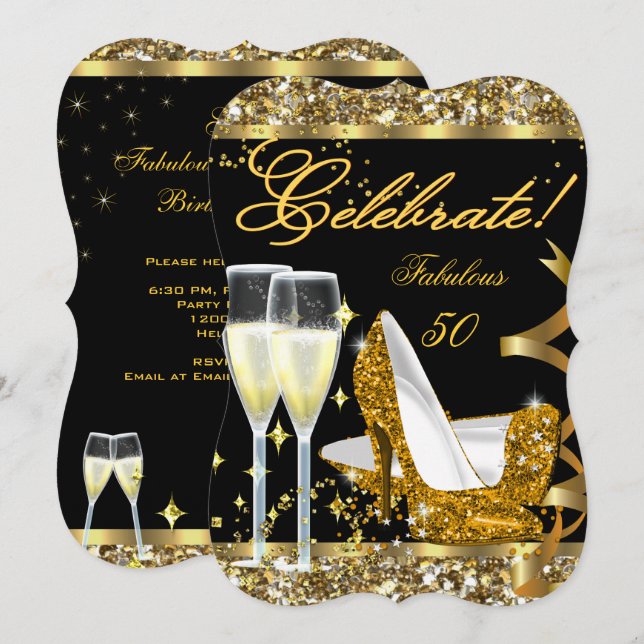 Invitation Célébration d'anniversaire fabuleux 50 ans Or Noir (Devant / Derrière)