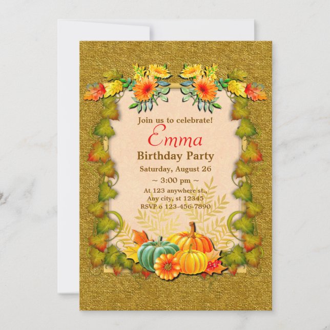 Invitation Célébration d'anniversaire Feuilles d'automne Mign (Devant)