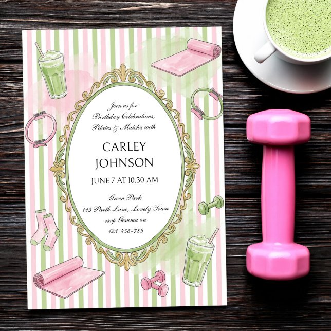 Invitation Célébration d'anniversaire Pilates rose et Matcha (Pilates and Matcha invitation with preppy pink and green stripes and hand-drawn style illustrations)