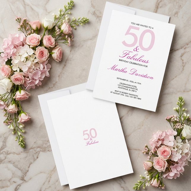 Invitation Célébration d'anniversaire rose 50 ans et fabuleux (50 & Fabulous Pink Birthday Celebration Invitation)