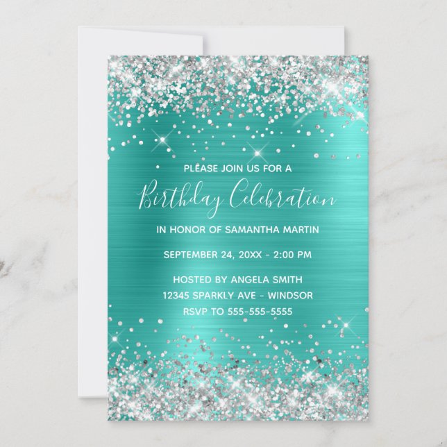 Invitation Célébration d'anniversaire Turquoise Paillettes Ar (Devant)