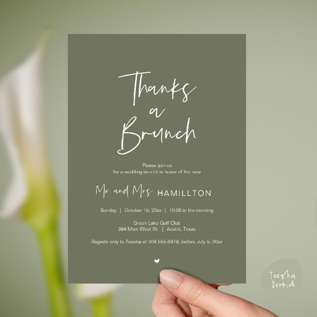 Invitation Célébration d'après mariage, Merci pour un Brunch (Thanks a Brunch, Post modern wedding celebration, wedding crew, Invitation card, Olive Sage Green)