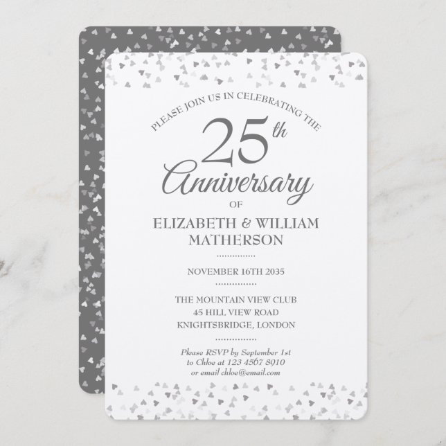 Invitation Célébration de 25 ans de mariage Cœurs en argent m (Devant / Derrière)