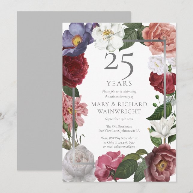 Invitation Célébration de 25 ans de mariage Rose Jardin Flora (Devant / Derrière)