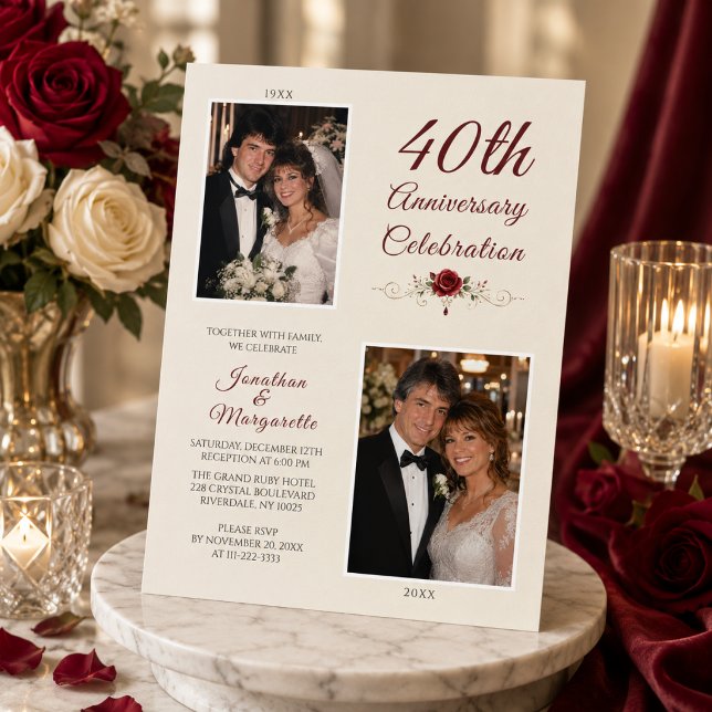 Invitation Célébration de 40 ans de mariage en photo (Elegant photo anniversary invitation.)