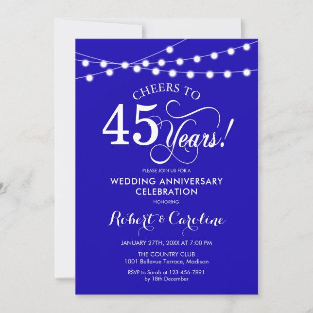 Invitation Célébration de 45 ans de mariage bleu royal (Devant)