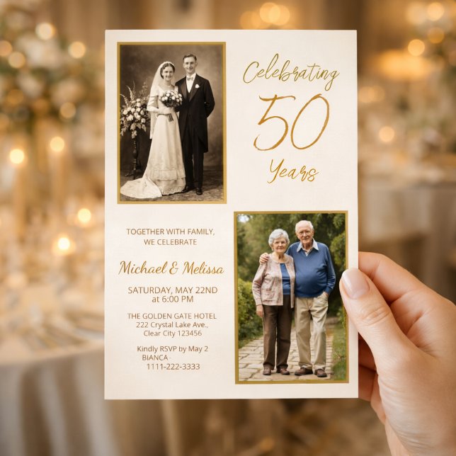 Invitation Célébration de 50 Ans d'Anniversaire en Photos (Then and now love story anniversary invitation in elegant ivory gold design)