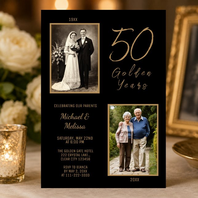 Invitation Célébration de 50 ans d'or des parents (Elegant black and gold parents 50th anniversary invitation with timeless then and now photos.)