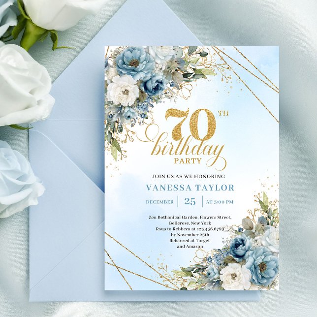Invitation Célébration de 70 ans Luxe Bleu Poussiéreux (Luxury Dusty Blue 70th Birthday Celebration)