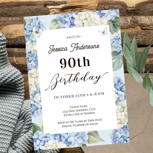 Invitation Célébration de 90 ans : Hydrangea Bleu pour Adulte (Créateur téléchargé)