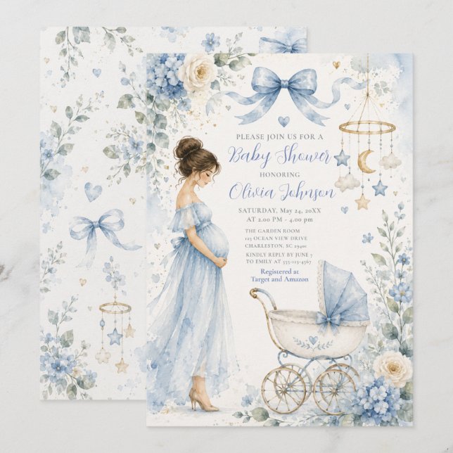 Invitation Célébration de Baby Shower Bleu (Devant / Derrière)