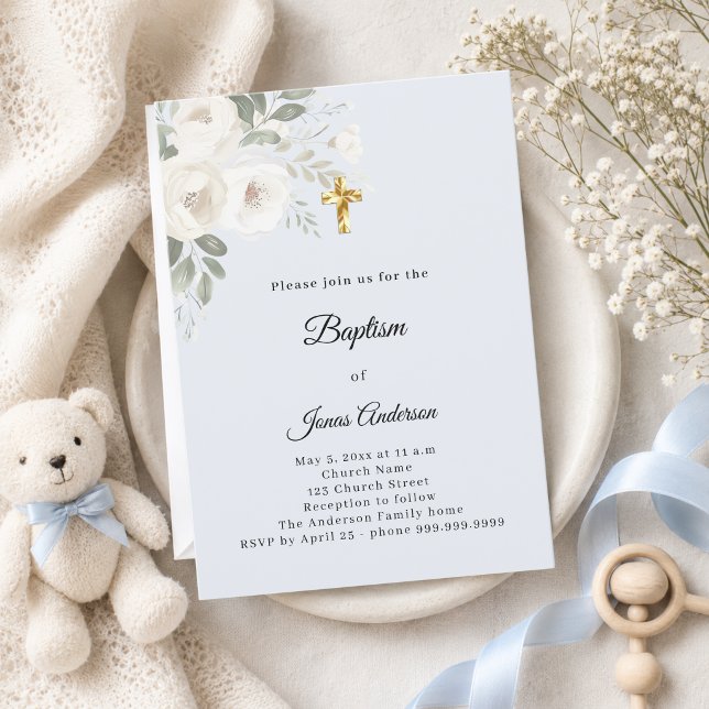 Invitation Célébration de baptême fleurs blanches bleu clair  (Créateur téléchargé)